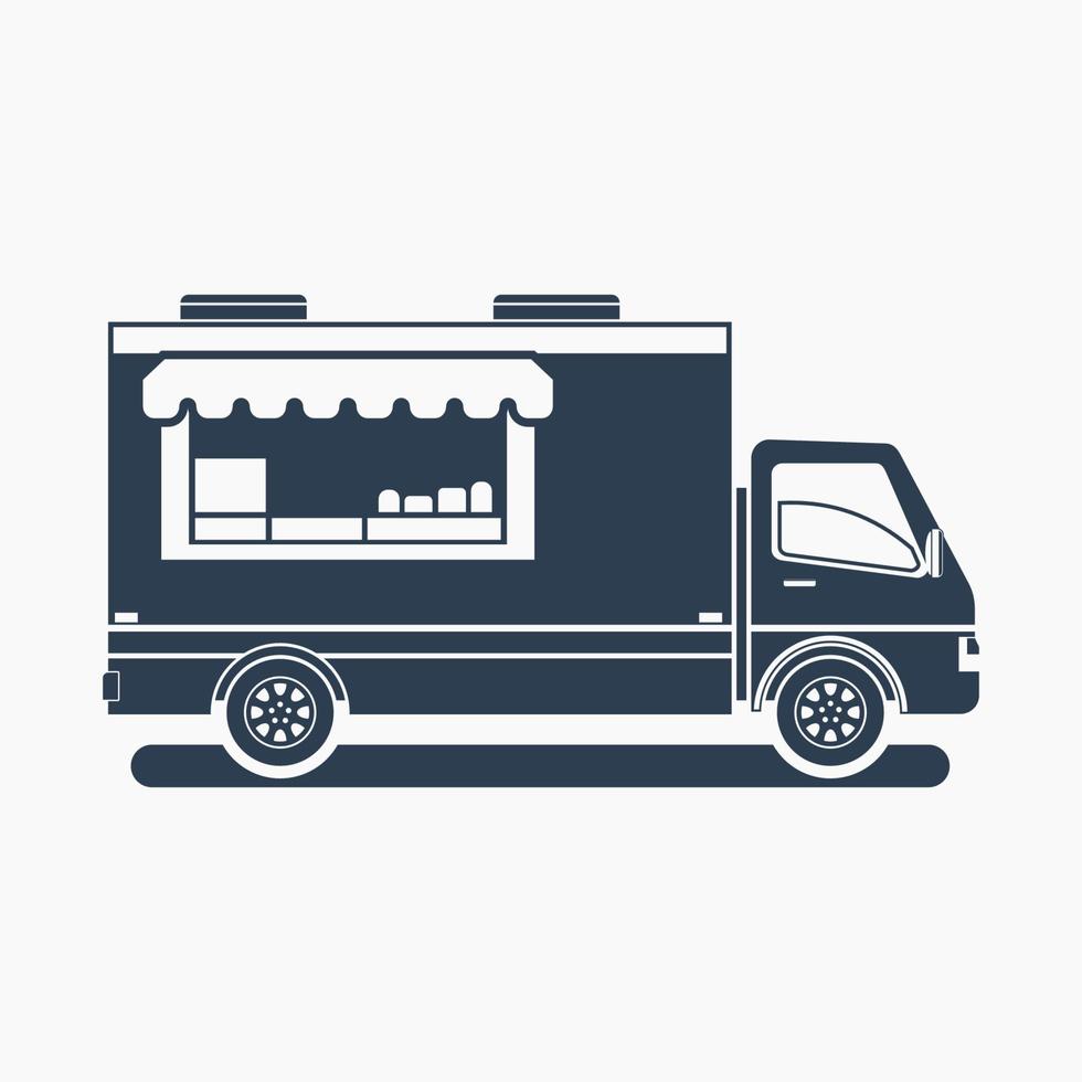 ilustración de vector de camión de comida móvil de vista lateral aislada editable en estilo monocromático plano para el diseño relacionado con el negocio de vehículos o alimentos y bebidas