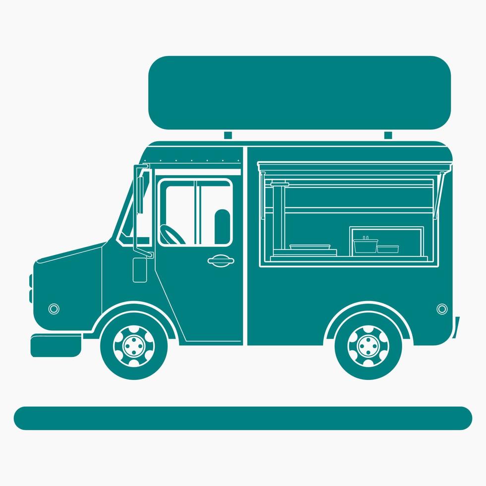 Editable Side View Mobile Food Truck with Sign Board Vector Illustration in Flat Monochrome Style for Artwork Element of Vehicle or Food and Drink Business Related Design