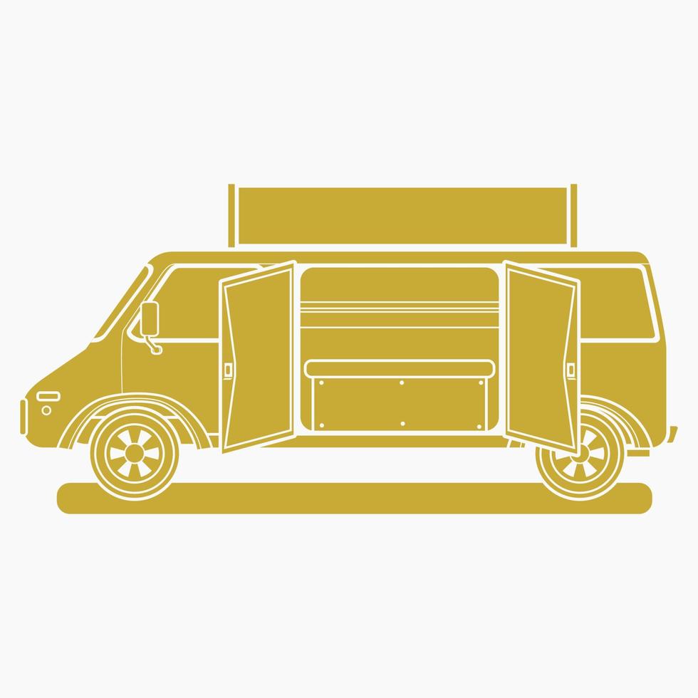 Editable Isolated Flat Monochrome Style Side View Mobile Food Truck With Sign Board and Two Doors Vector Illustration for Artwork Element of Vehicle or Food and Drink Business Related Design