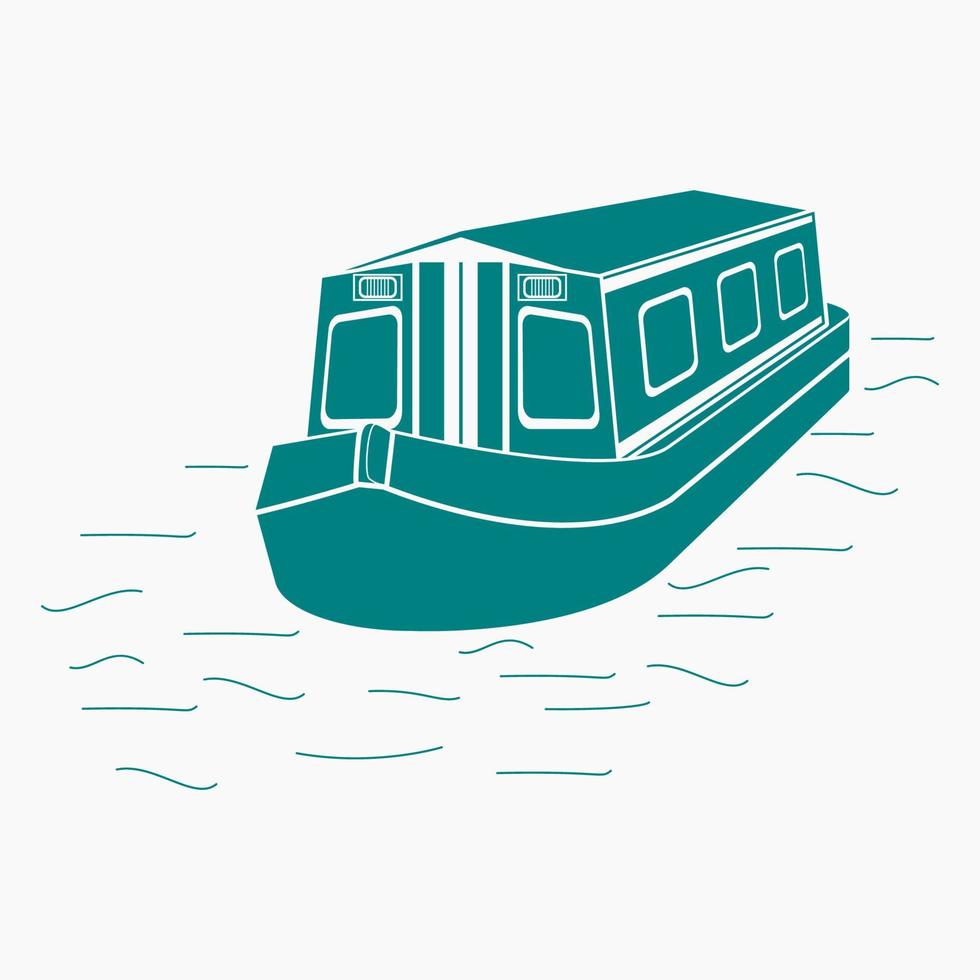 Editable Three-Quarter Top Front Side Oblique View Floating Canal Boat on Water Vector Illustration in Flat Monochrome Style for Transportation or Recreation of United Kingdom or Europe Related Design