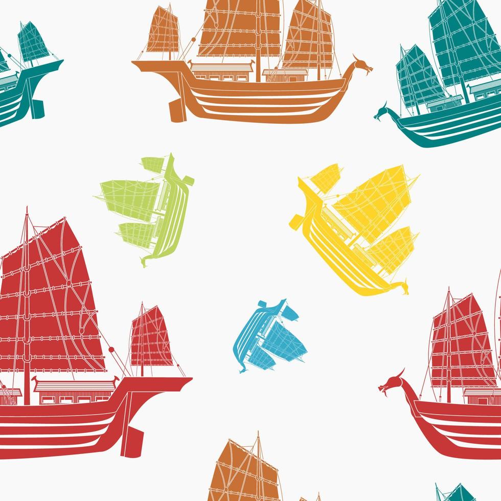 vista lateral de estilo monocromático plano editable ilustración de vector de barco japonés antiguo en varios colores como patrón sin fisuras para crear un fondo de transporte y diseño relacionado con la educación cultural