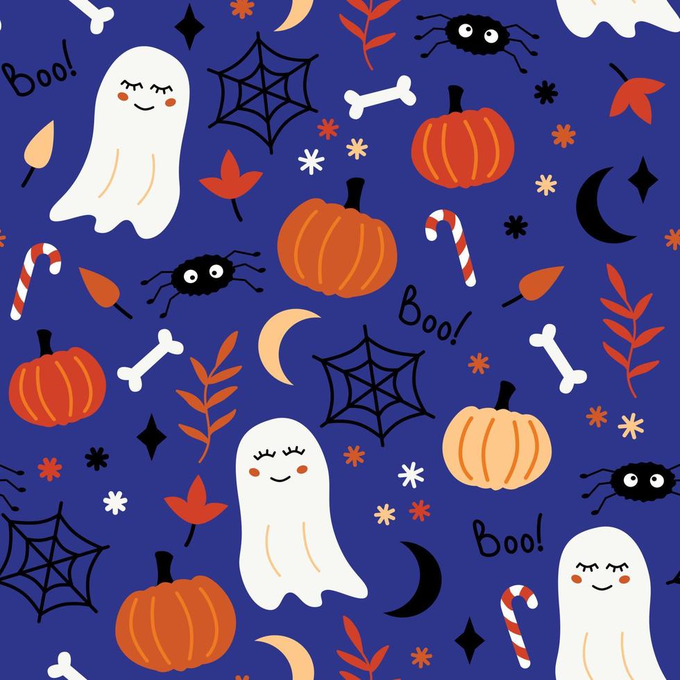 Bright and fanny halloween seamless pattern set of elements. Ghost, spiders and pumpkins vector