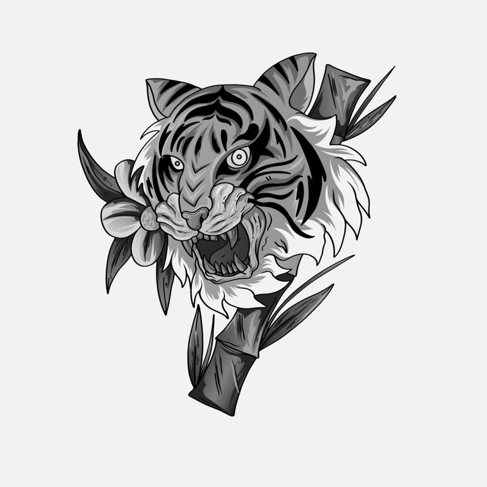 diseño de impresión de tatuaje de estilo japonés de tigre blanco y negro para camiseta. . ilustración vectorial para libros de colorear, camisetas, arte de tatuajes, diseño boho, afiches, textiles. ilustración vectorial aislada vector