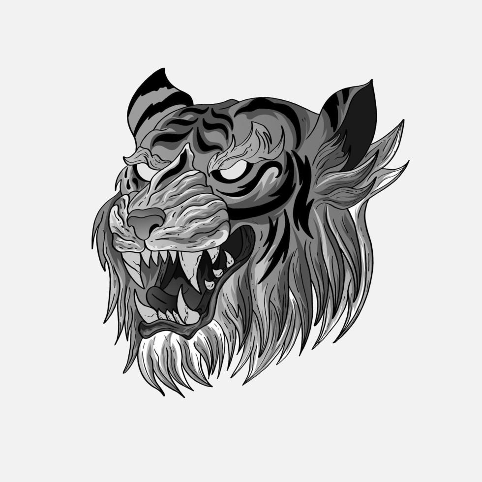 Black and white tiger japan style tattoo print design for t-shirt. . Vector illustration for coloring book, t-shirts, tattoo art, boho design, posters, textiles. Isolated vector illustration