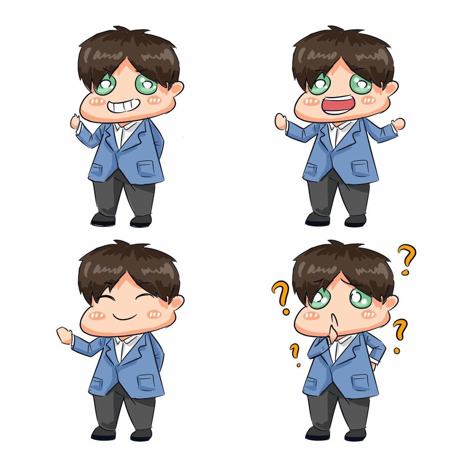 illustration set of male characters presenting, explaining, confused. cute cartoon style, chibi. hand drawing. suitable for the theme of study, school, business, etc. flat vector