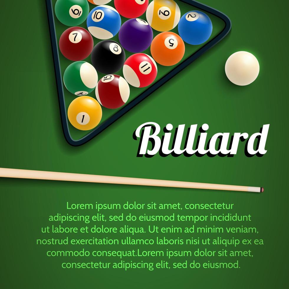 Billiards 3d poster with green table, ball and cue vector