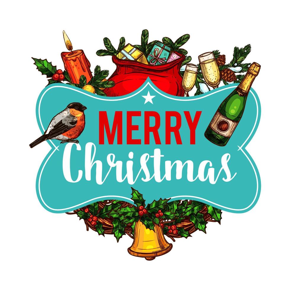 Merry Christmas wreath vector sketch greeting card