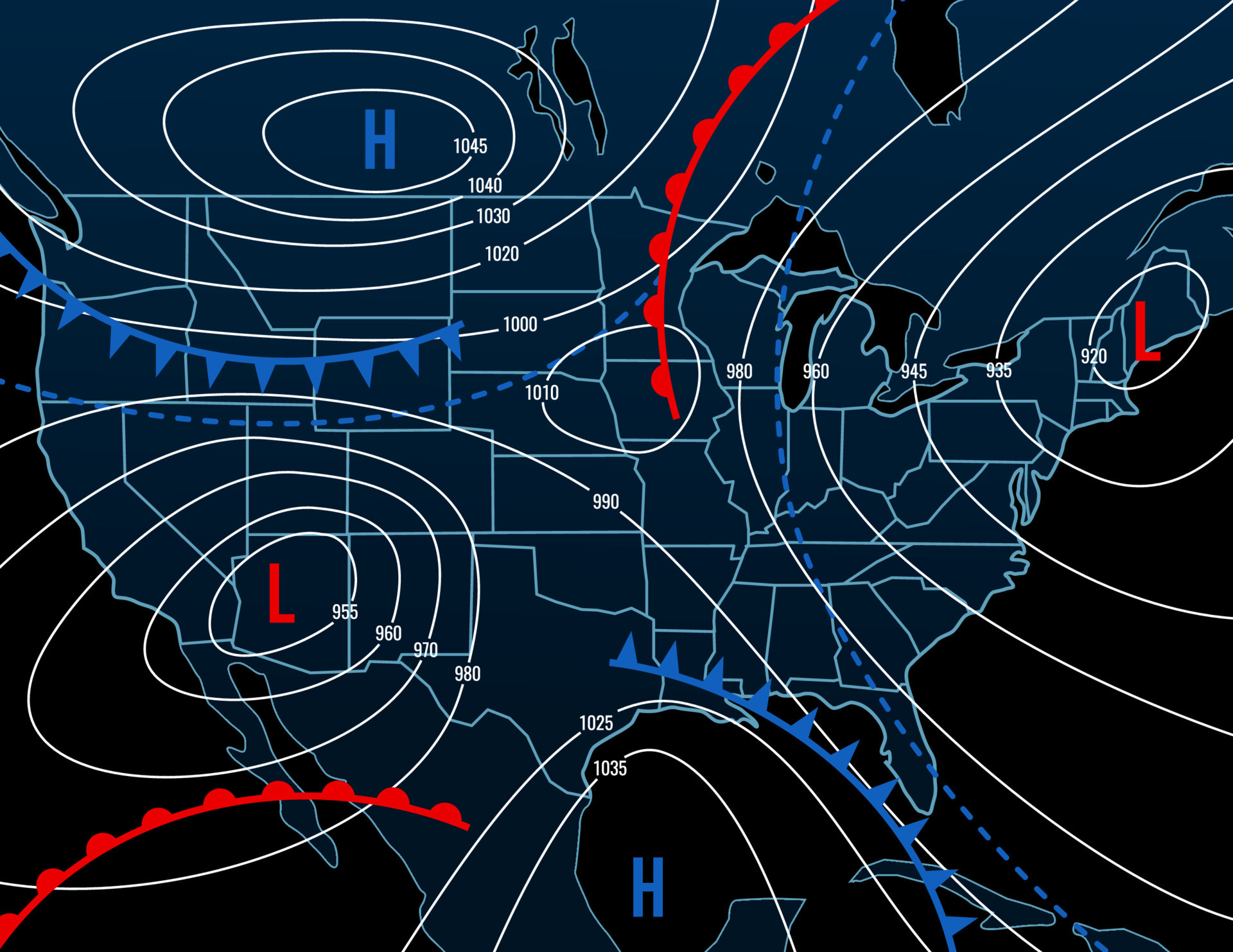 Isobar Weather Map Forecast Weather Isobar Night Map Of Usa Vector