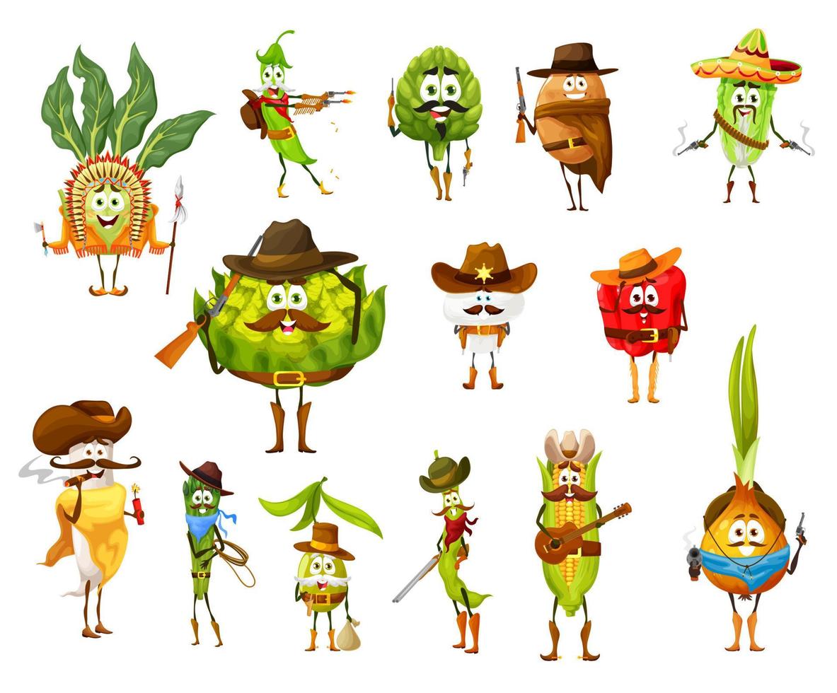 Cartoon vegetables cowboy, ranger, indian, sheriff vector