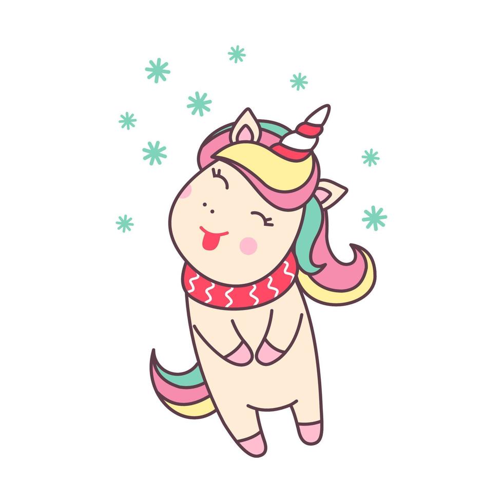 Cute Christmas kawaii character unicorn with snowflakes isolated on white background. Holiday design element for greeting card and print for t-shirt. Vector illustration.