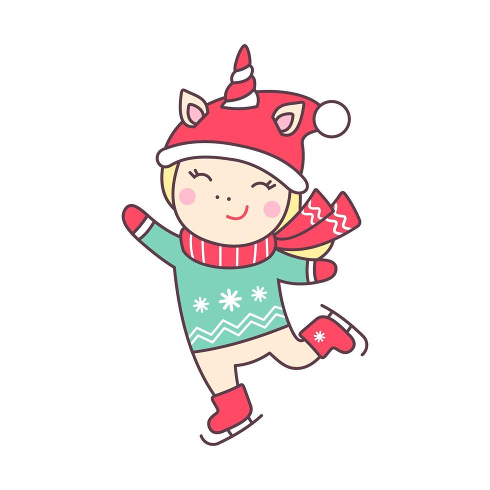 Cute happy Christmas kawaii character unicorn in santa hat ice skating isolated on white background. Holiday design element for greeting card and print for t-shirt. Vector illustration.