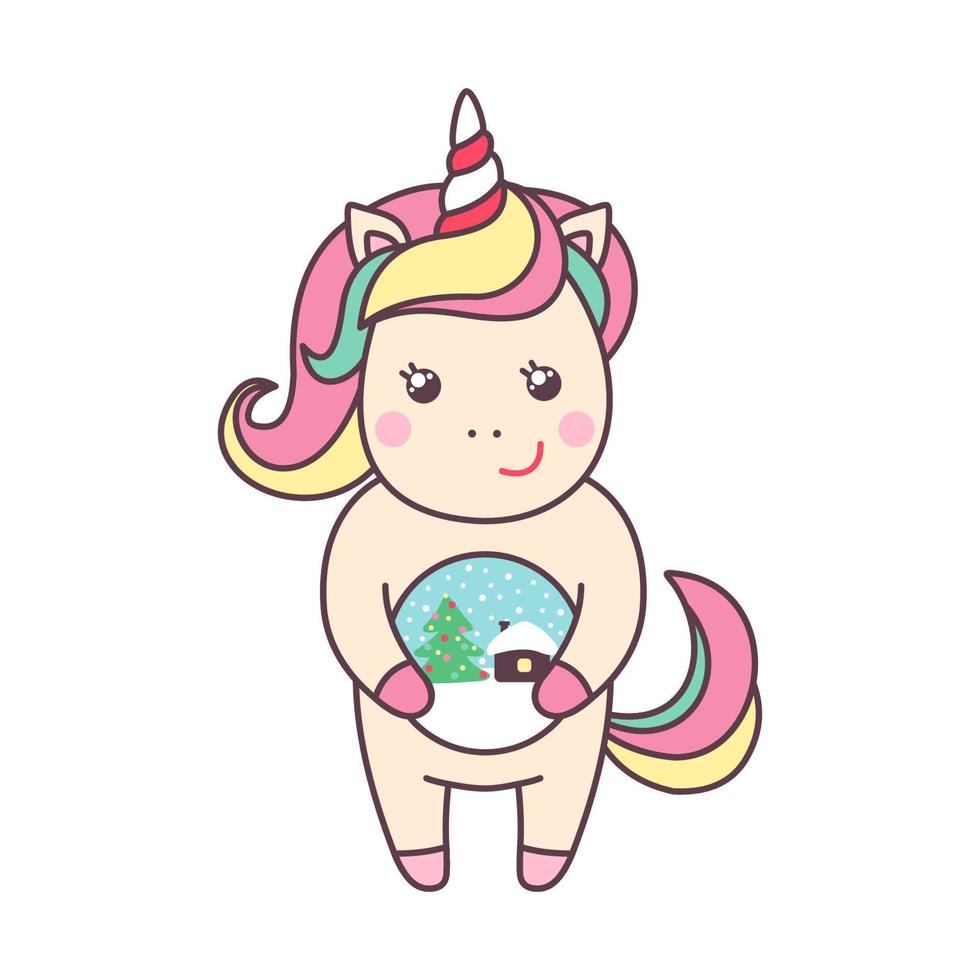 Cute Christmas kawaii character unicorn with glass snow globe isolated on white background. Holiday design element for greeting card and print for t-shirt. Vector illustration.