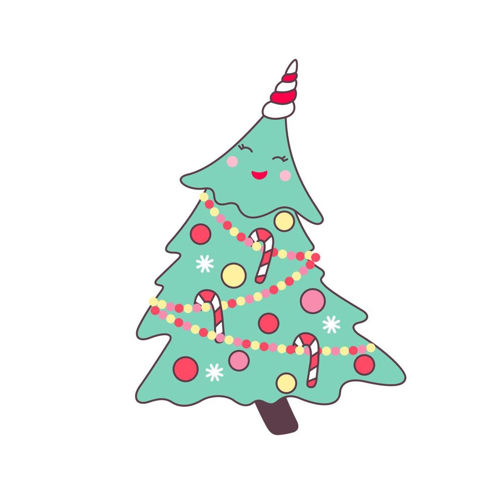 Cute kawaii character Christmas tree isolated on white background. Holiday design element for greeting card and print for t-shirt. Vector illustration.