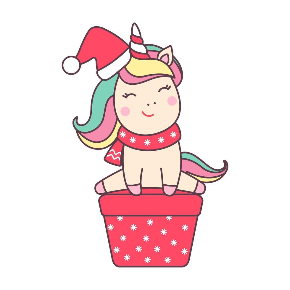 Cute Christmas kawaii character unicorn in santa claus hat with gift isolated on white background. Holiday design element for greeting card and print for t-shirt. Vector illustration.