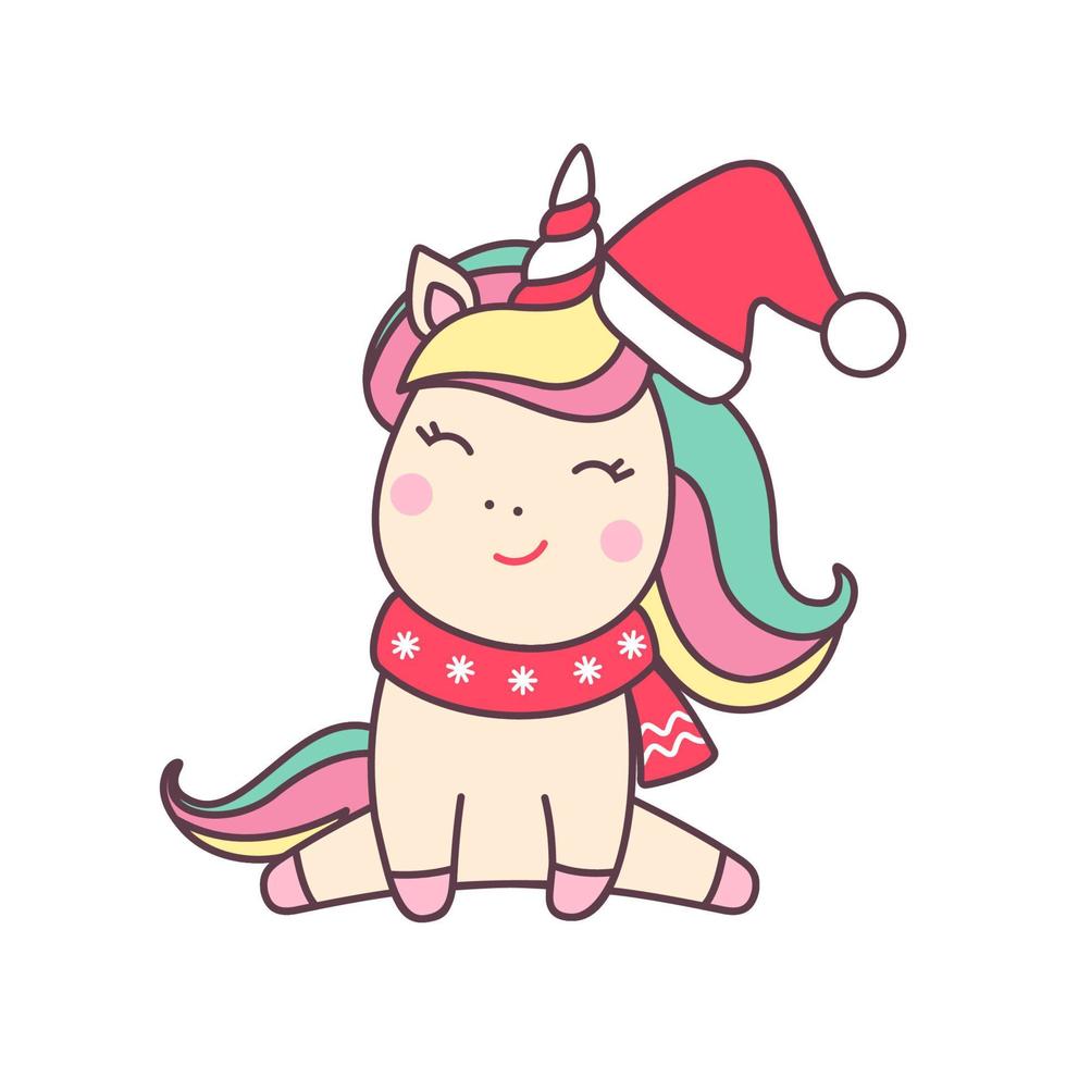 Cute Christmas kawaii character unicorn in santa claus hat isolated on white background. Holiday design element for greeting card and print for t-shirt. Vector illustration.