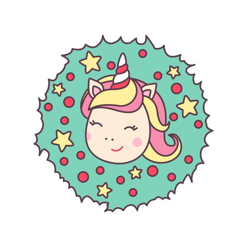 Cute kawaii character unicorn head with Christmas wreath isolated on white background. Holiday design element for greeting card and print for t-shirt. Vector illustration.