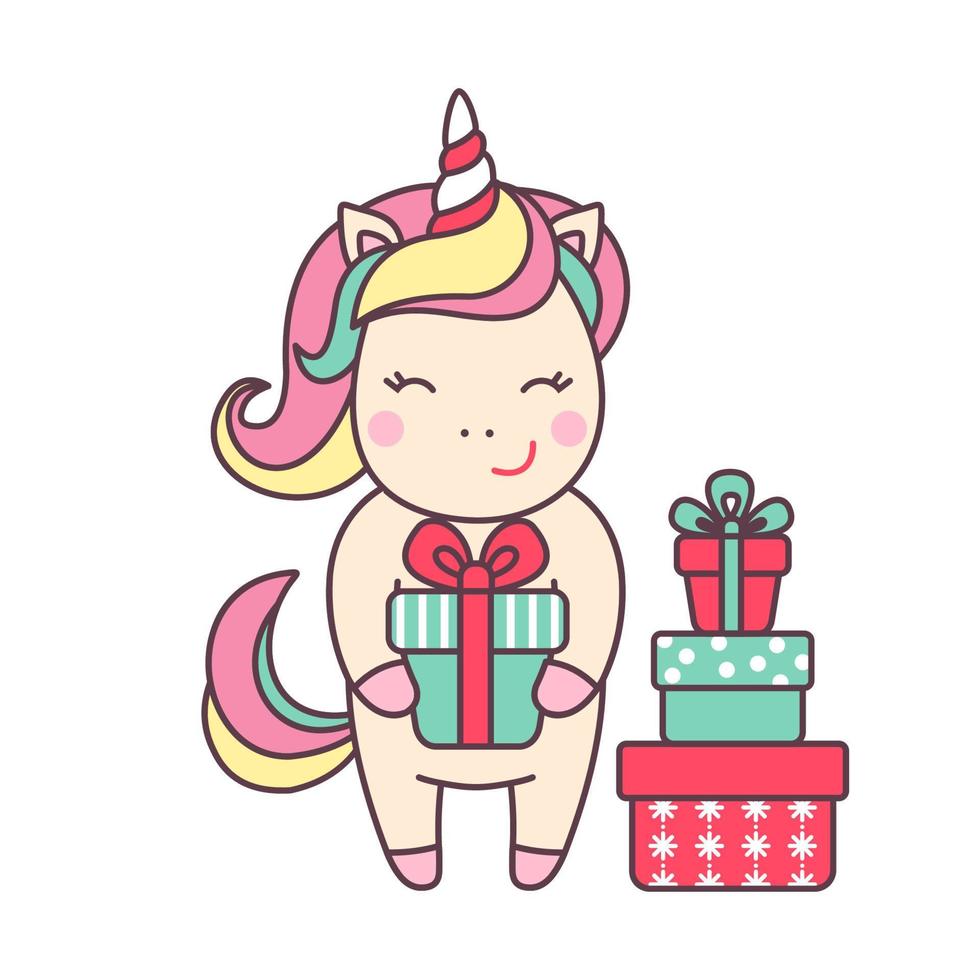 Cute Christmas kawaii character unicorn with gifts isolated on white background. Holiday design element for greeting card and print for t-shirt. Vector illustration.