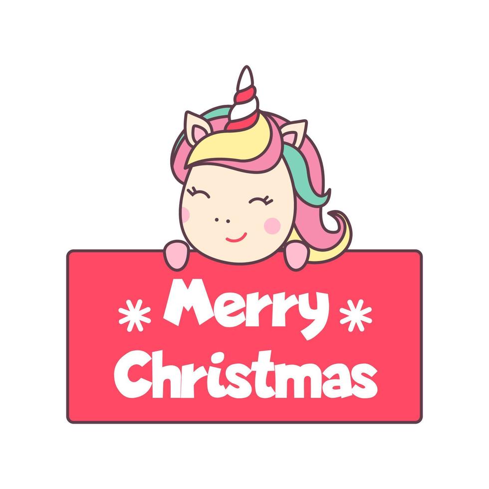 lindo unicornio kawaii de navidad sosteniendo un cartel con el texto feliz navidad aislado sobre fondo blanco. elemento de diseño de vacaciones para tarjeta de felicitación e impresión para camiseta. ilustración vectorial vector