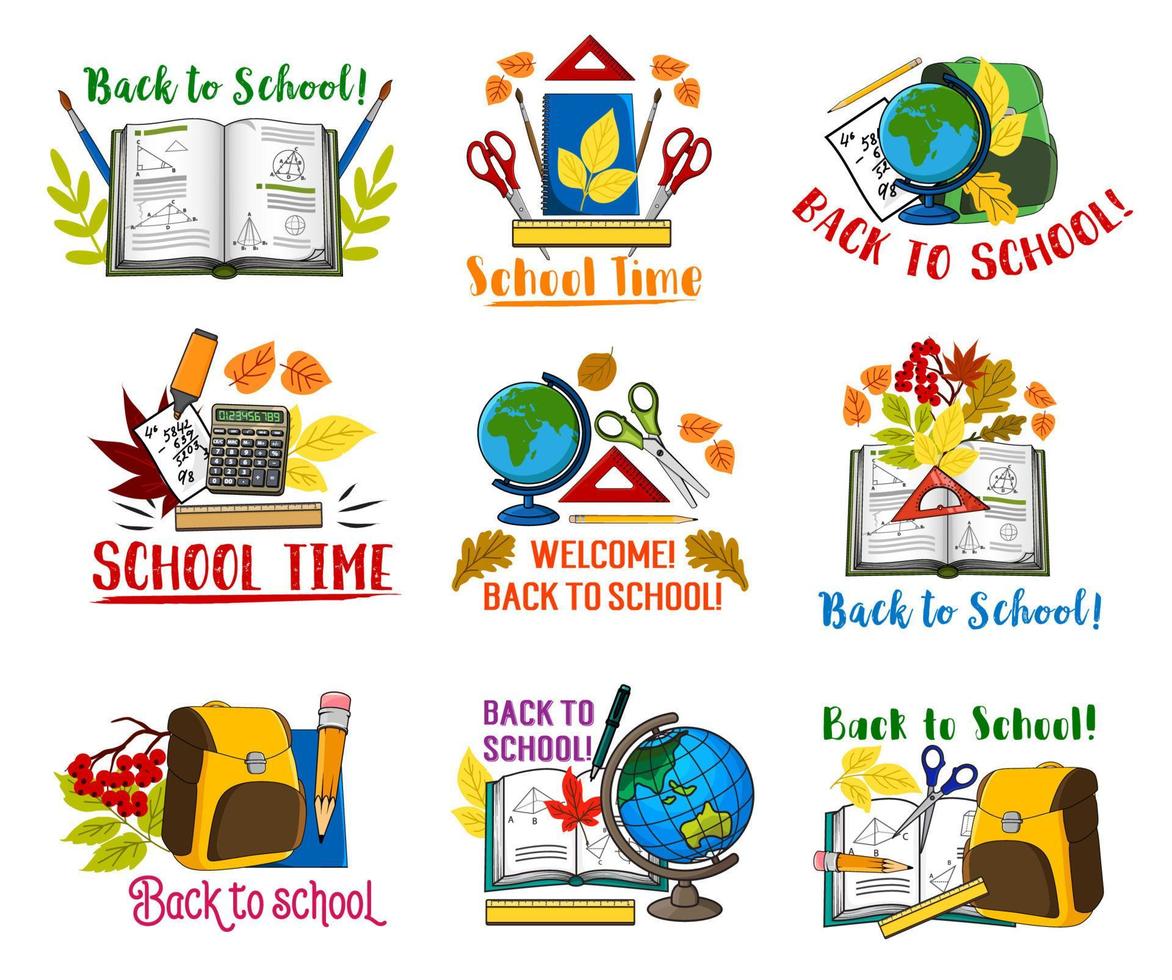 Back to School vector lesson stationery icons