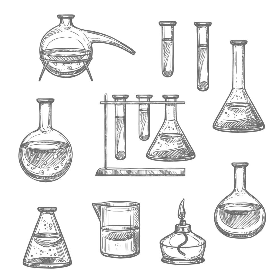 boceto de equipo y vidrio de laboratorio químico vector