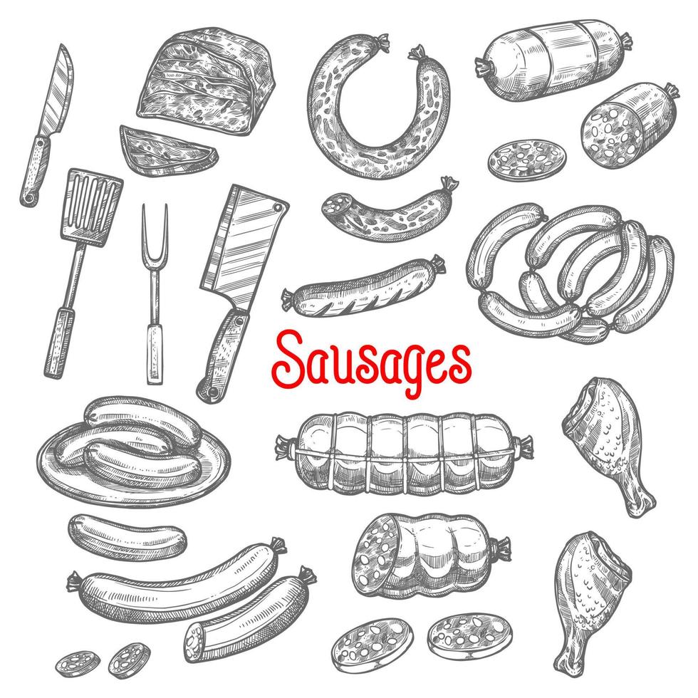 conjunto de iconos de productos de salchicha de carne de dibujo vectorial vector