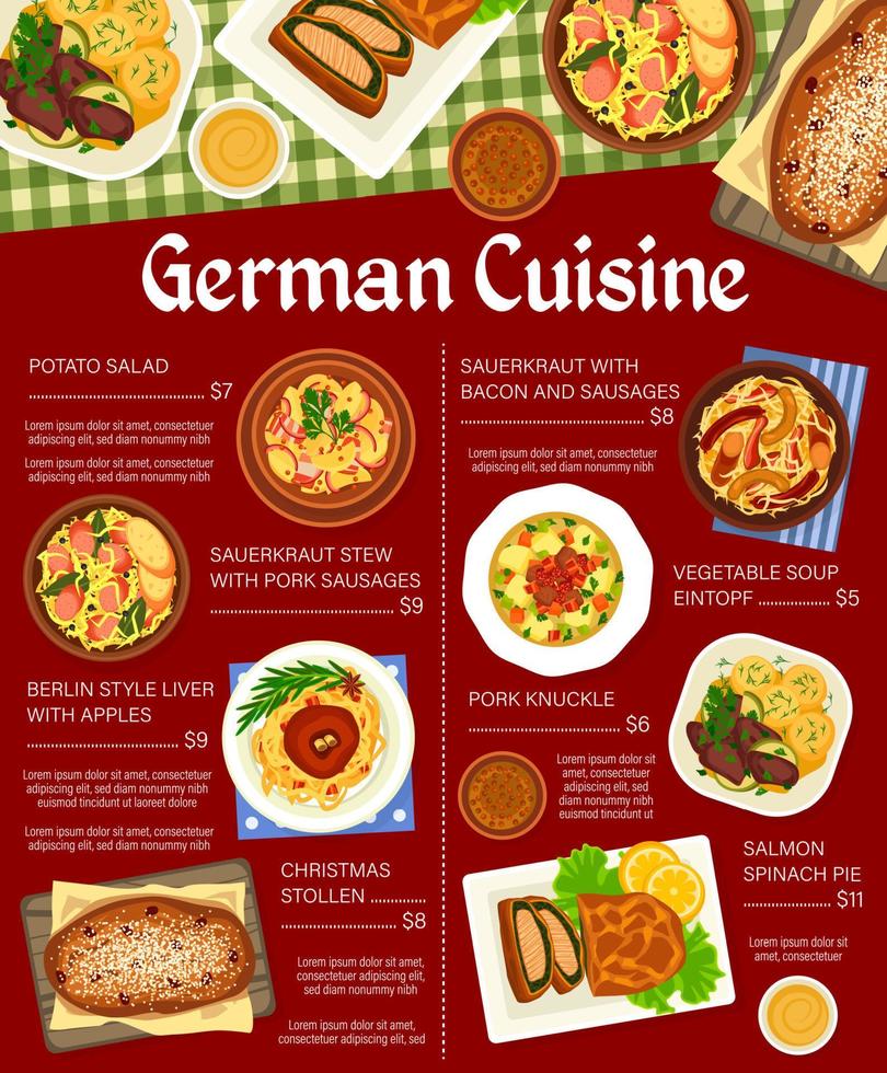 German cuisine restaurant menu page template vector