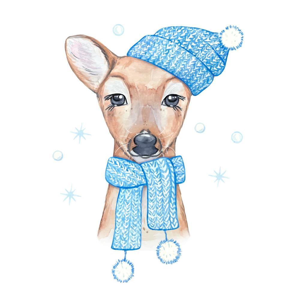 Cute deer in a knitted blue hat and scarf. watercolor illustration vector