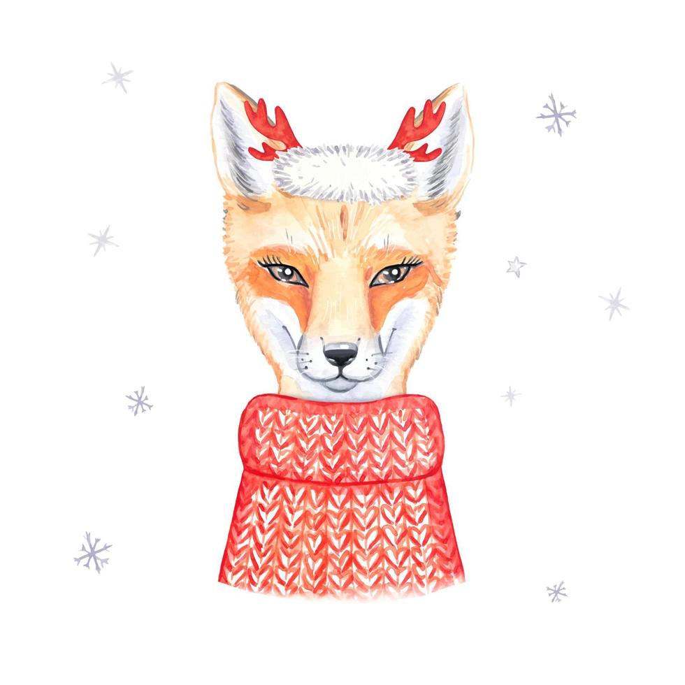 Fox in a red knitted sweater. watercolor illustration vector