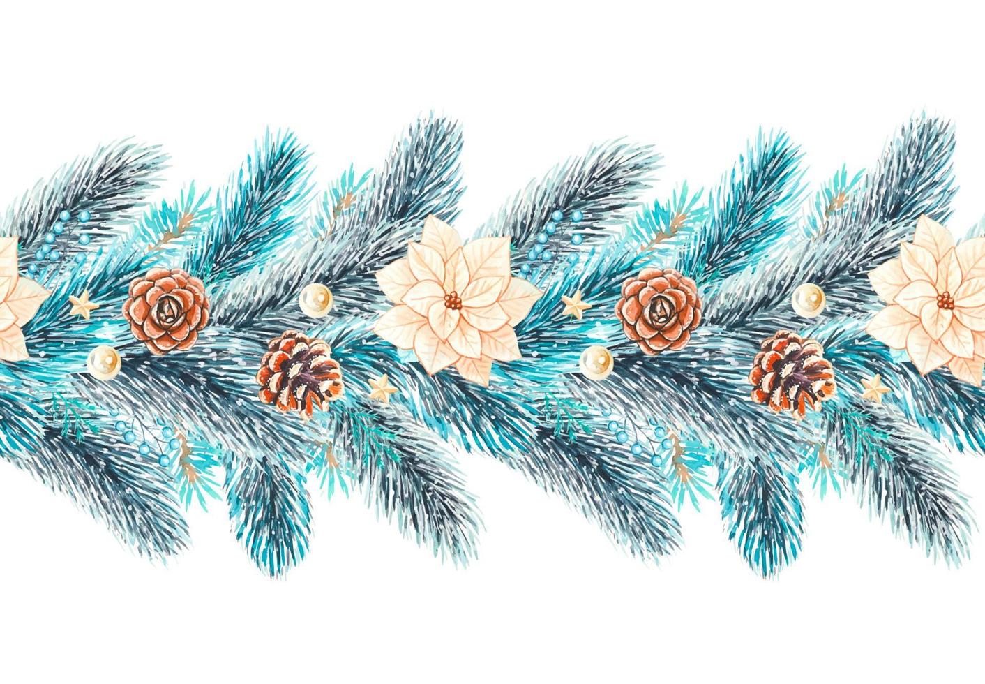 Watercolor Christmas border with fir branches,poinsettia, tree toys, fir cones . vector