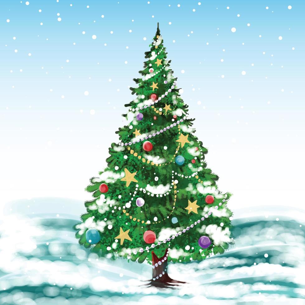 Christmas tree in winter holiday card background vector