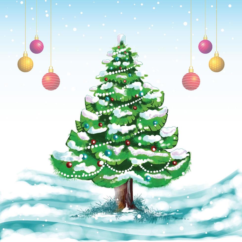 árbol de navidad realista con fondo de tarjeta nevada vector