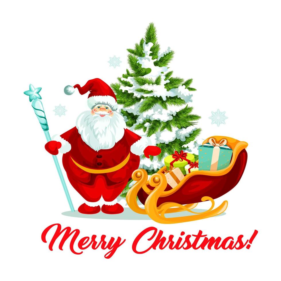 Merry Christmas Santa gifts sleigh tree vector icon