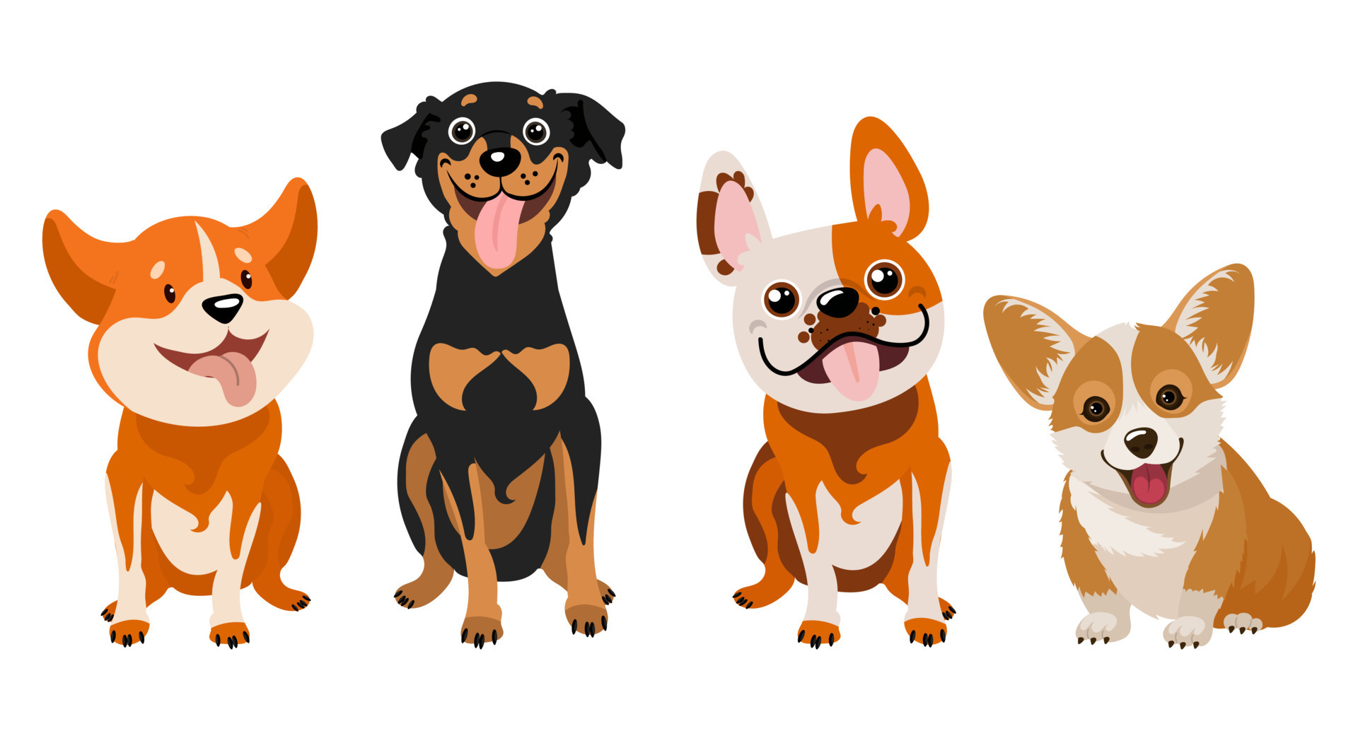 Set of cartoon dogs of different breeds, pinscher, corgi, bulldog.  Illustration, vector 13210749 Vector Art at Vecteezy