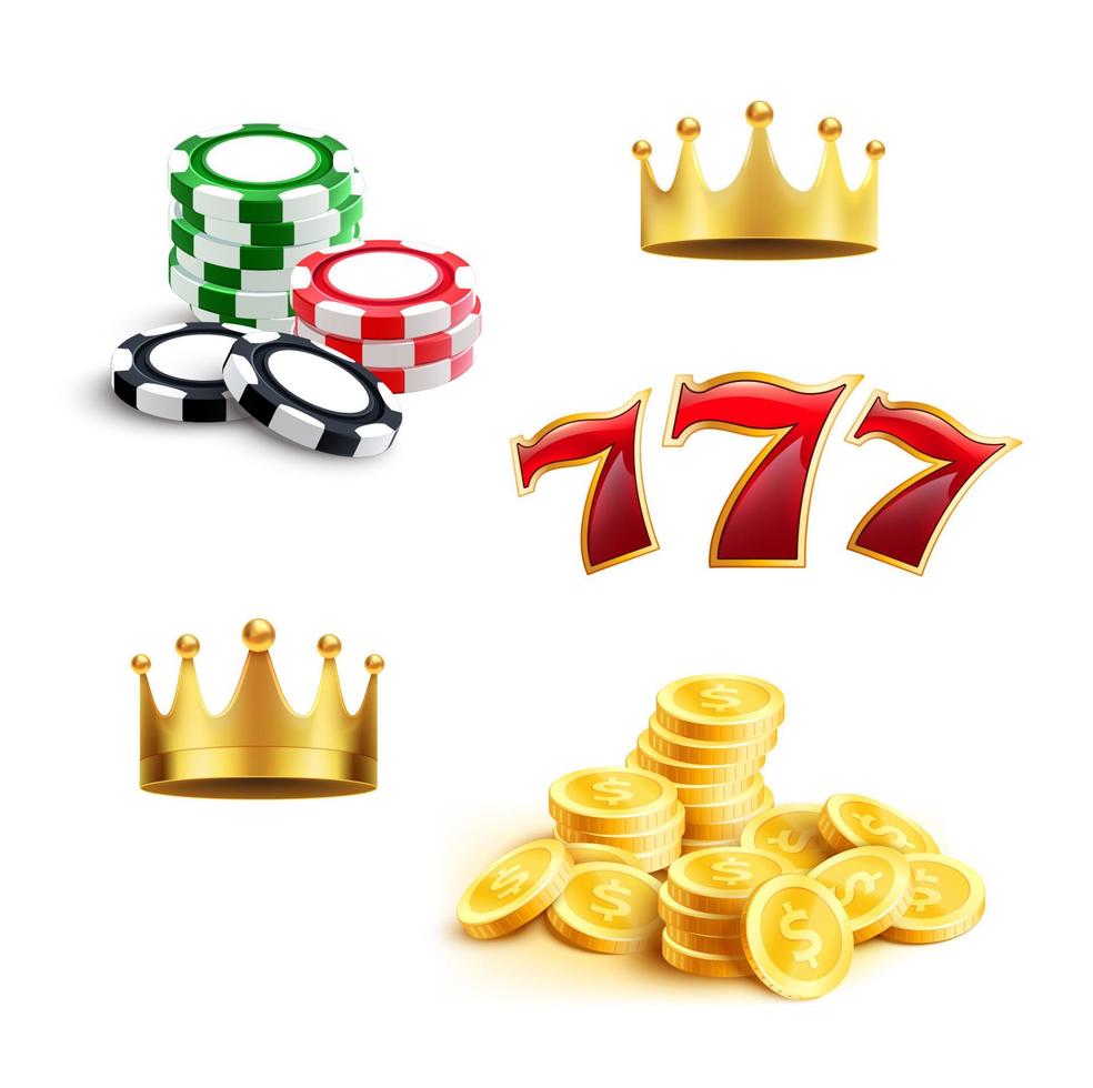 Casino icon of gaming chip, coin and triple seven vector