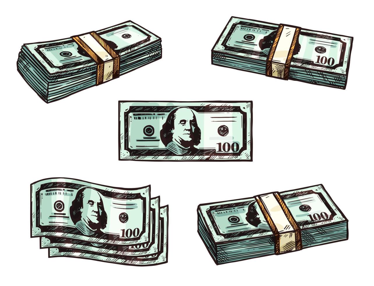 Dollars money banknote bundles vector sketch icons