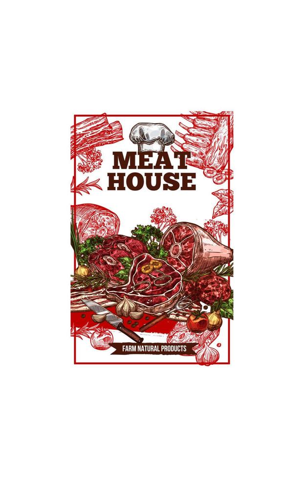 cartel de la casa de la carne del bosquejo del vector