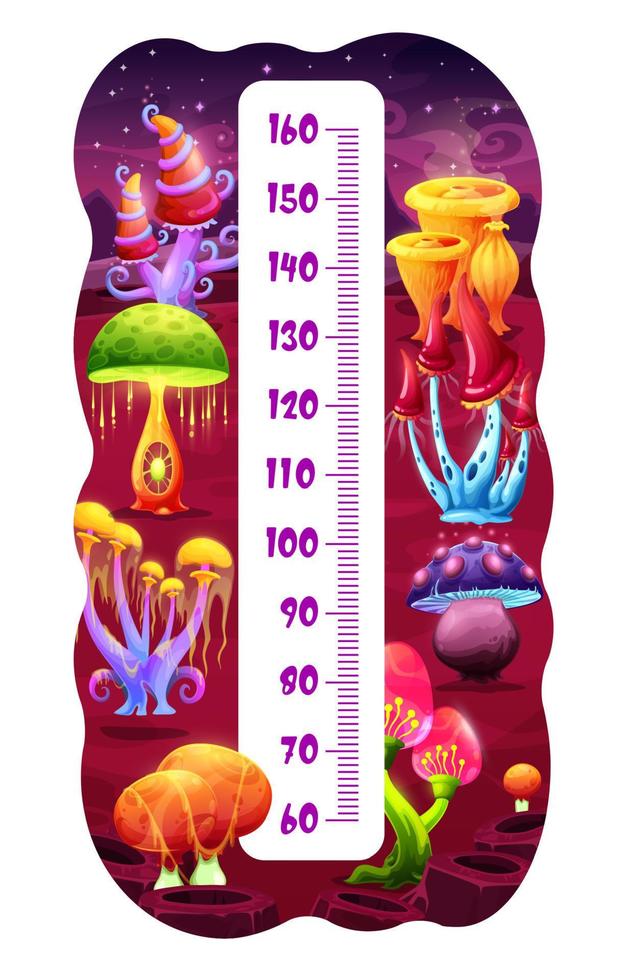 Kids height chart, fantastic mushrooms on planet vector