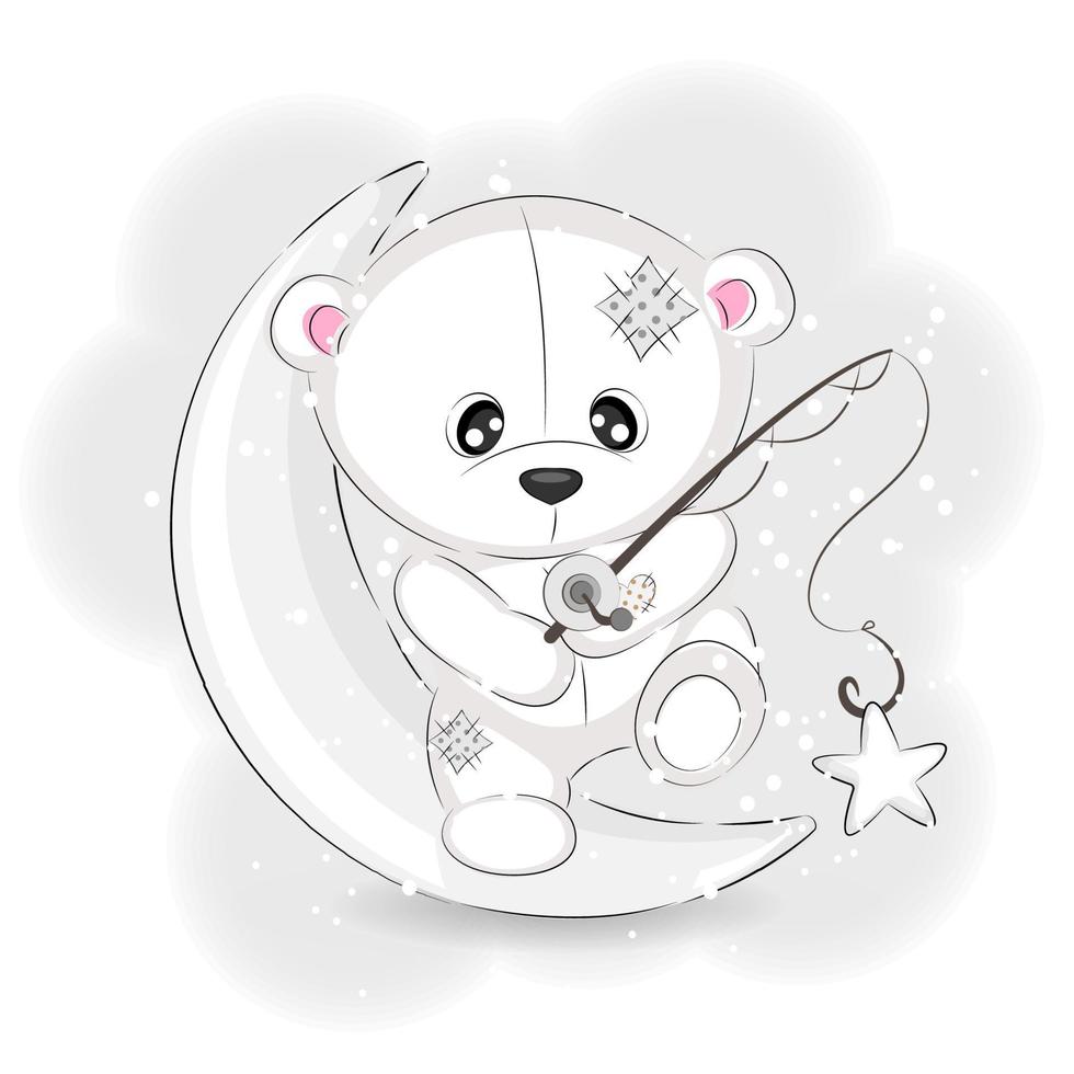 Cute polar bear on the moon with a star and a fishing rod, vector Christmas illustration