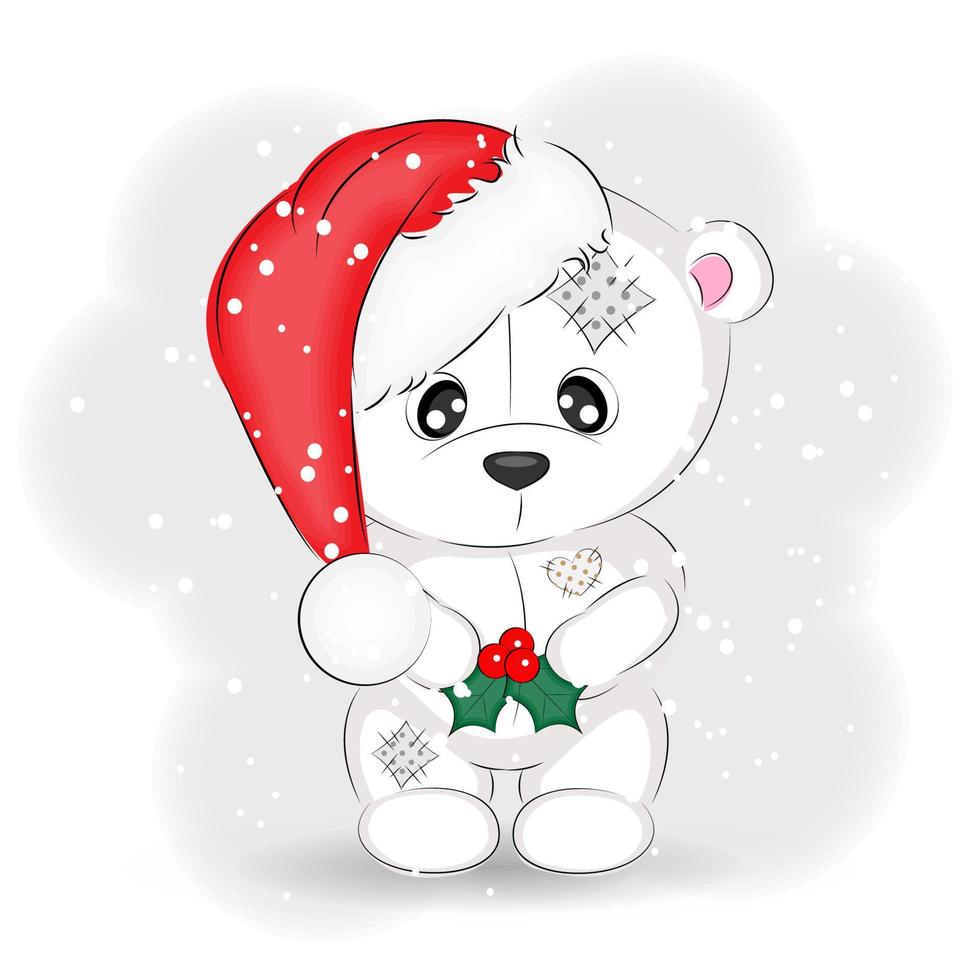 Cute polar bear in a Santa Claus hat holding a leaf of holly, vector illustration