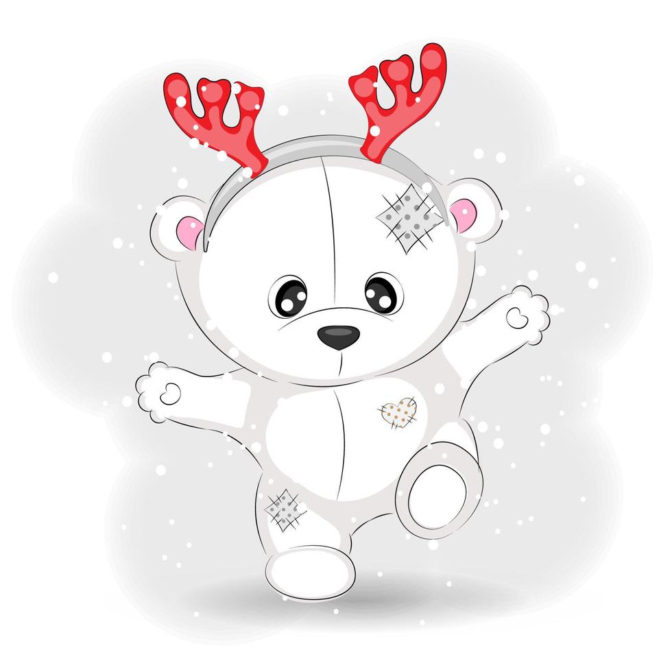 lindo oso polar con cuernos de reno, vector ilustración de navidad