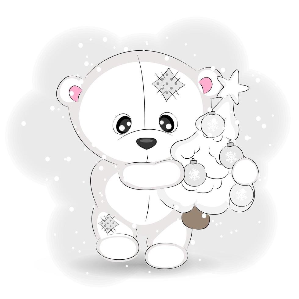 Cute polar bear with a Christmas tree, vector Christmas illustration