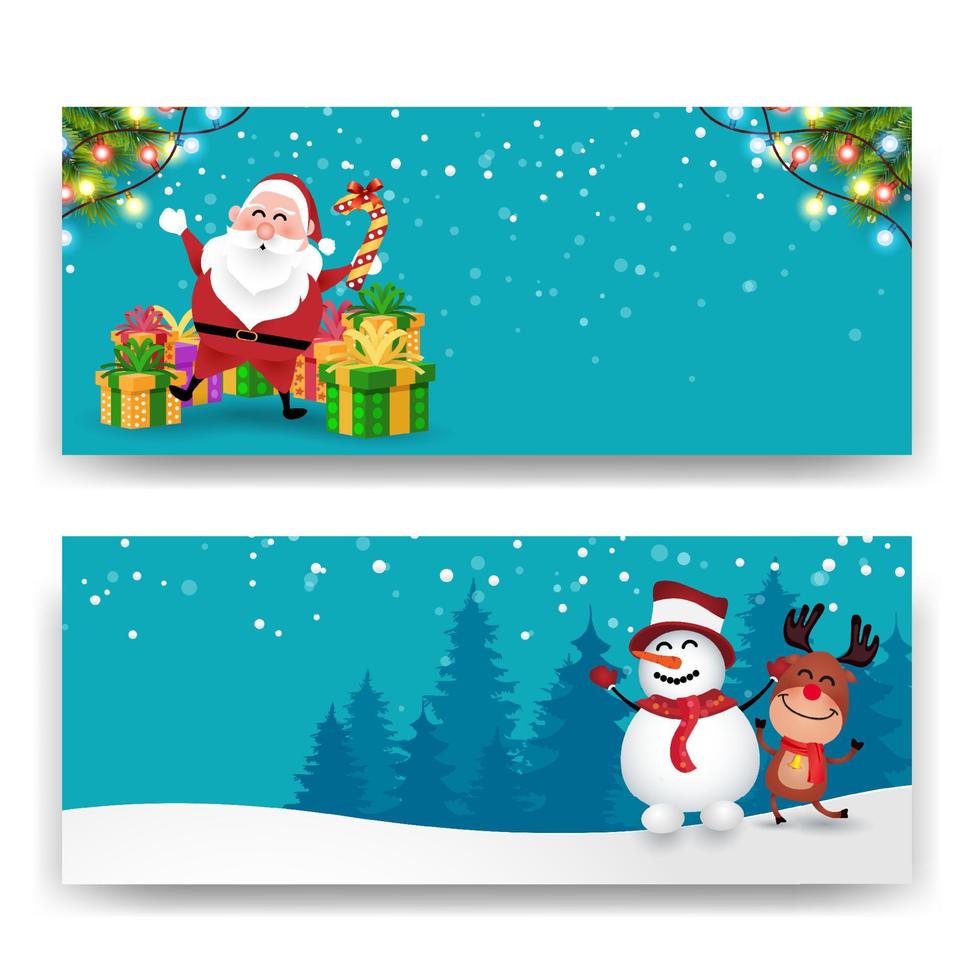 Merry Christmas banner background with Santa, deer and snowman vector