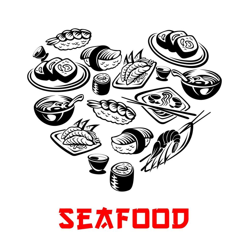 Vector Japanese seafood sushi heart banners
