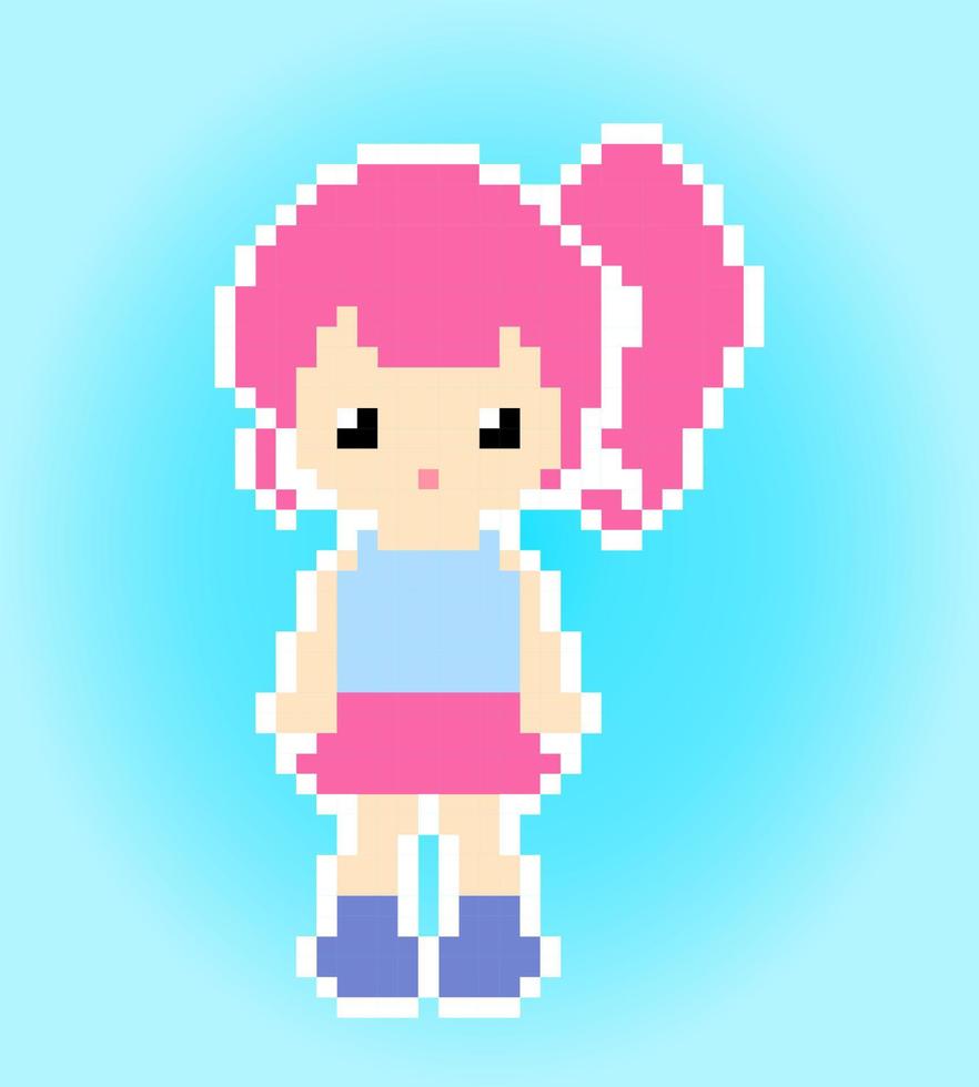 personajes de niña pequeña en arte de píxeles de 8 bits. mujer de dibujos animados en ilustraciones vectoriales. vector