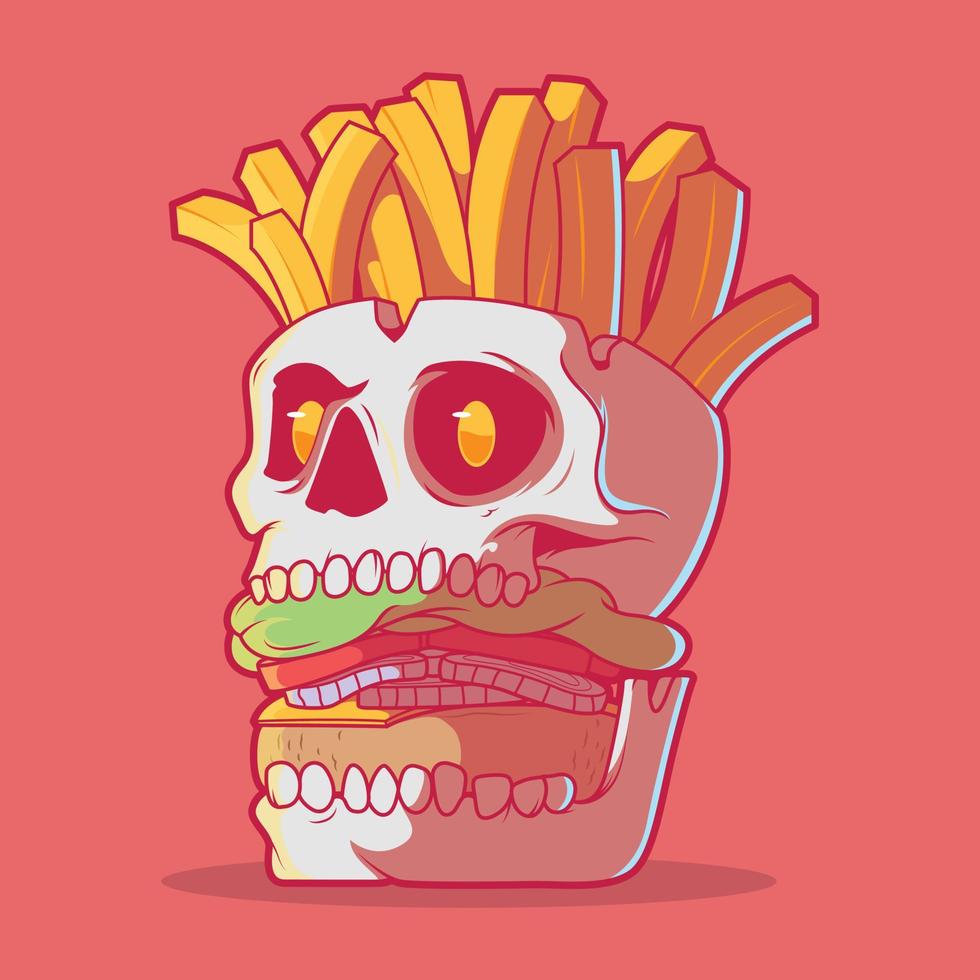 cráneo de hamburguesa con papas fritas ilustración vectorial. comida rápida, horror, concepto de diseño de marca. vector