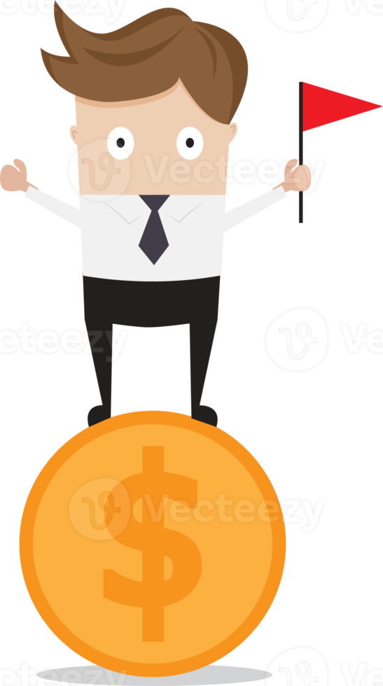 businessman standing on money coin with red flag png
