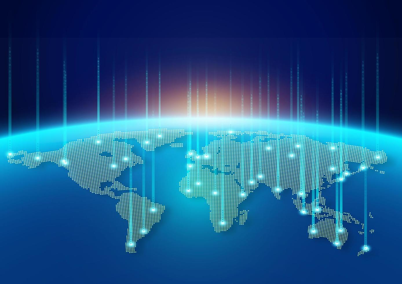 Dotted world map with social network connection. Map of the planet with blue futuristic light. Internet and digital technology background. Vector illustration eps10.