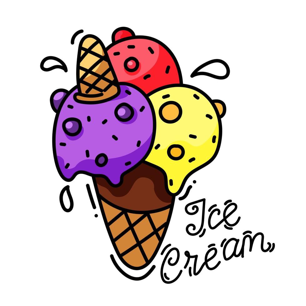 Cute hand drawn ice cream waffle cone with three ice cream balls. Sweet and tasty summer dessert cartoon style vector illustration.