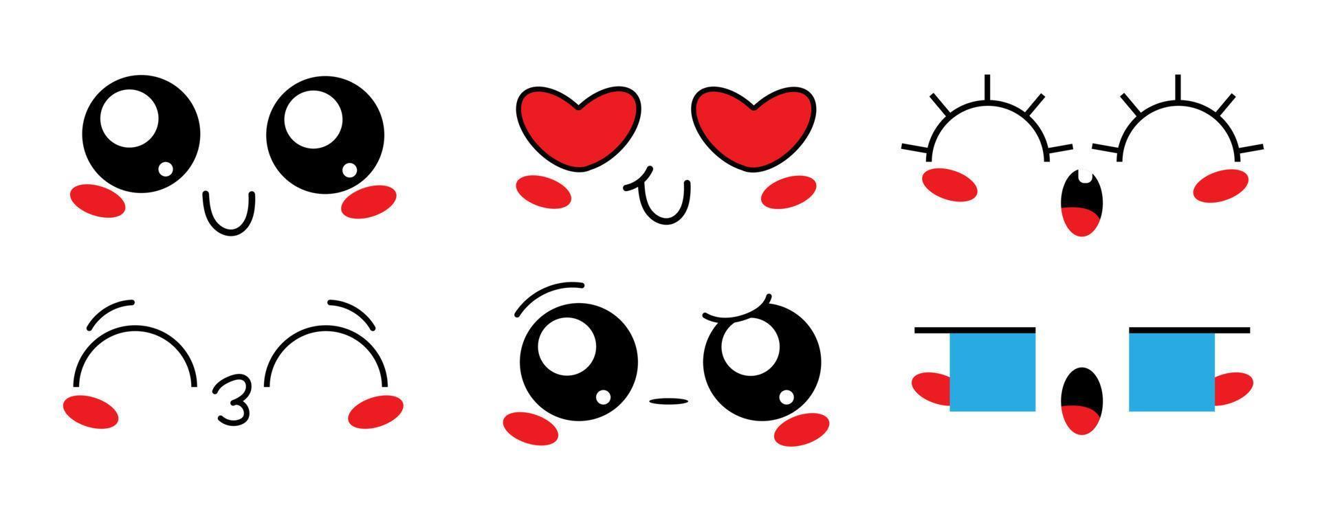 Set of cute lovely kawaii emoticon. Doodle cartoon face in childlike manga cartoon style. vector