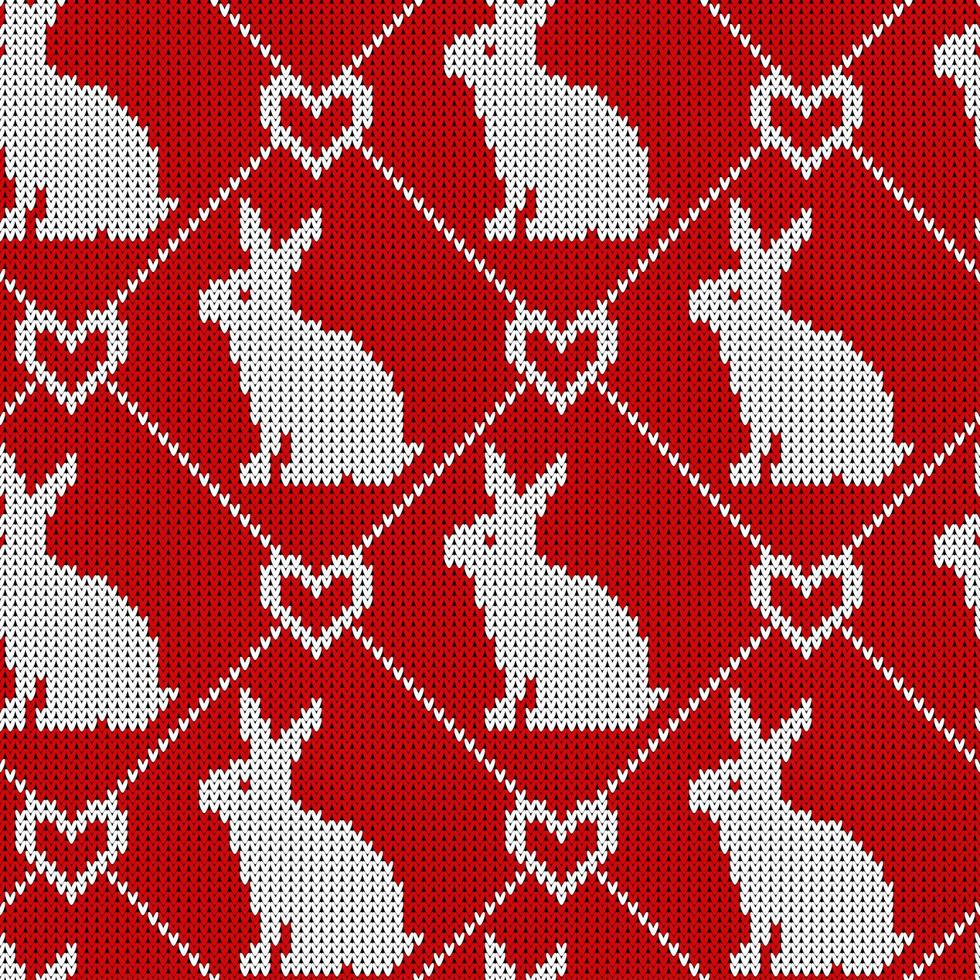 patrón de punto sin costuras con conejo y corazón. divertido fondo navideño para tela, papel de regalo y textil de cocina. vector